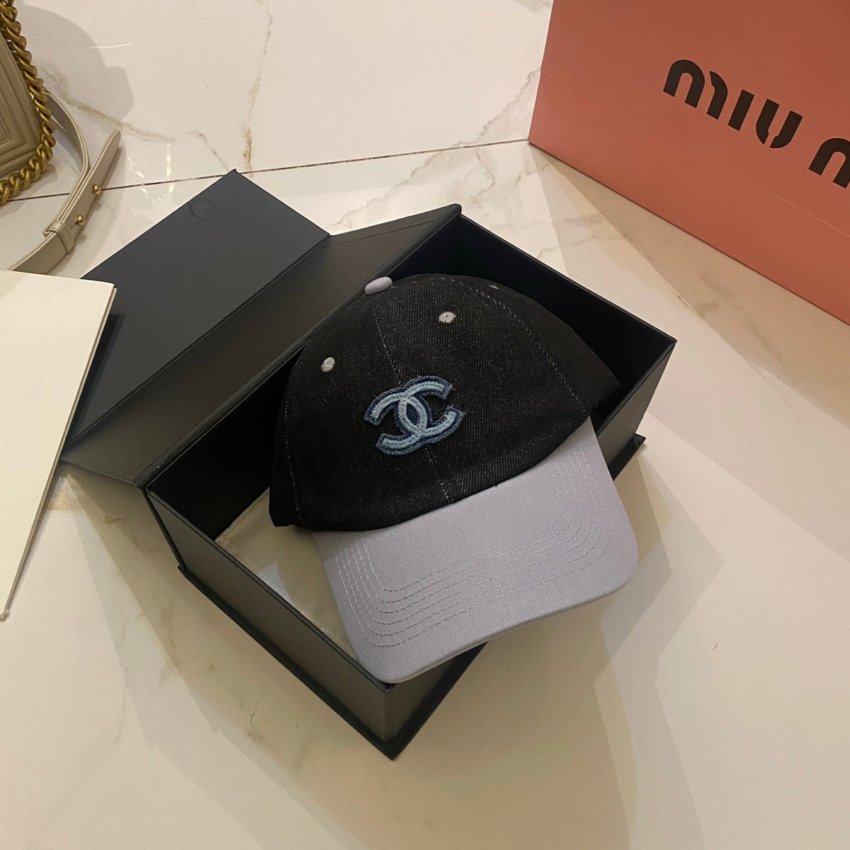 Chanel Color-Block Denim Baseball Cap