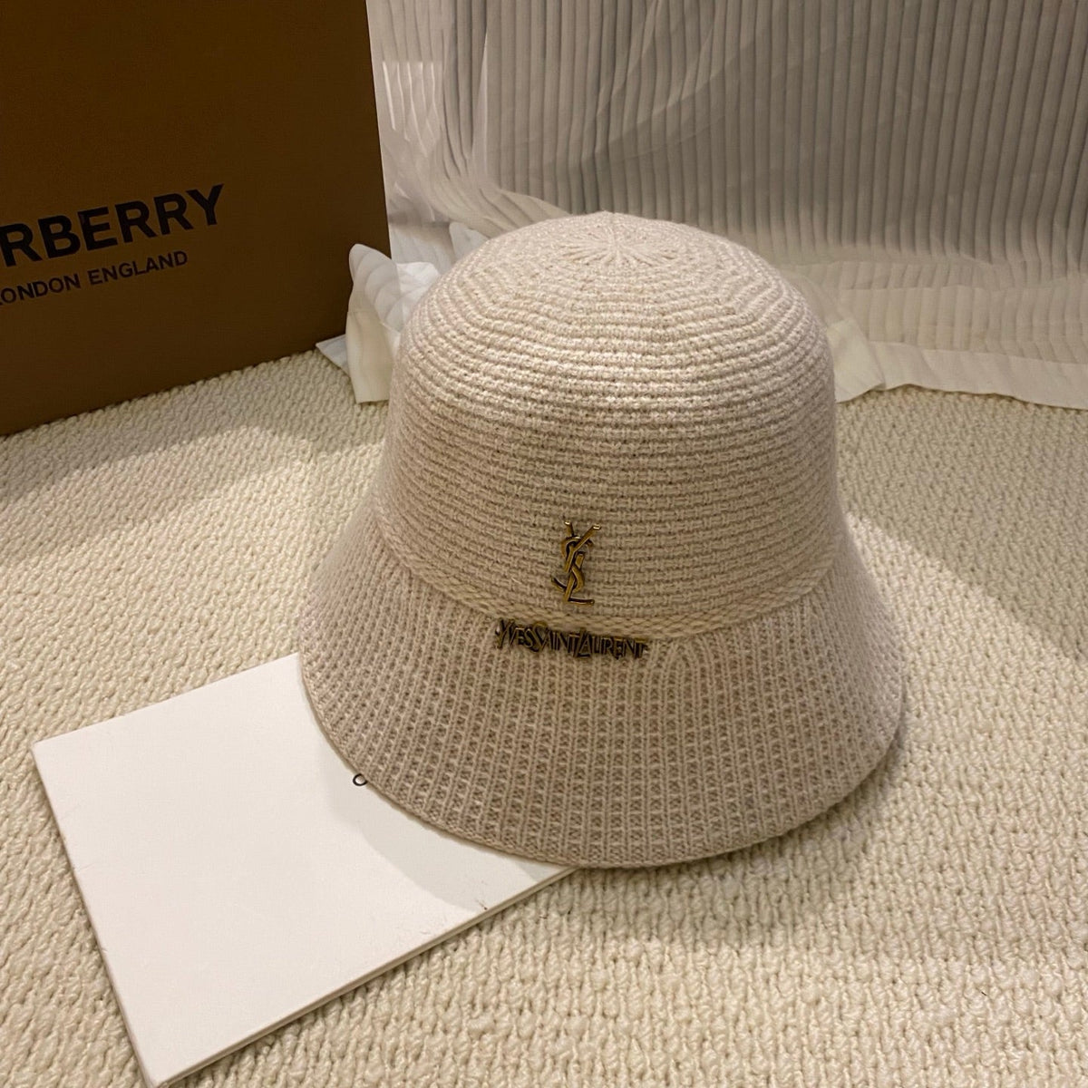 Saint Laurent Gold Logo Knitted Bucket Hat